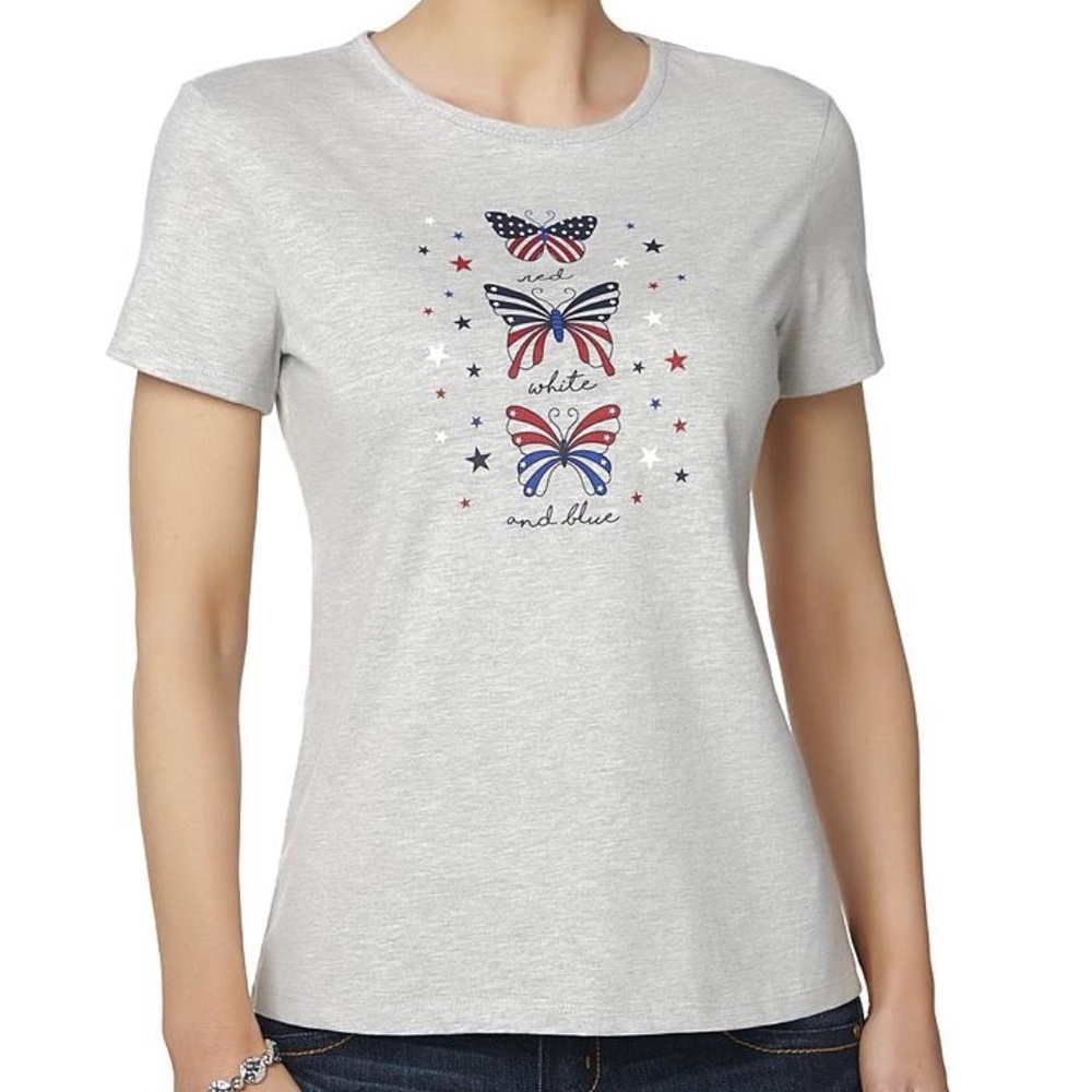 size XL, bust up to 44” inches, new cond, red white and blue with butterflies 🦋
